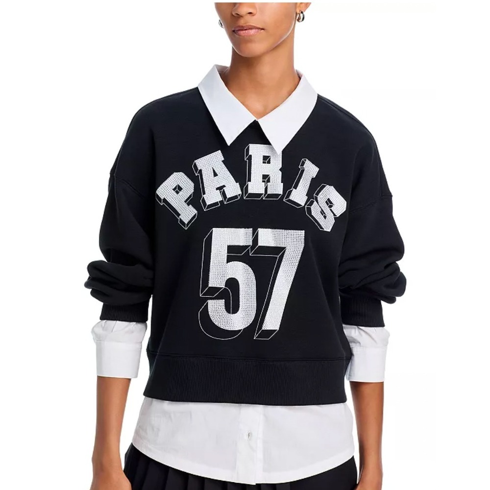 Cinq a Sept Paris 57 Rhinestone Mixed Media Sweatshirt Black White Size M